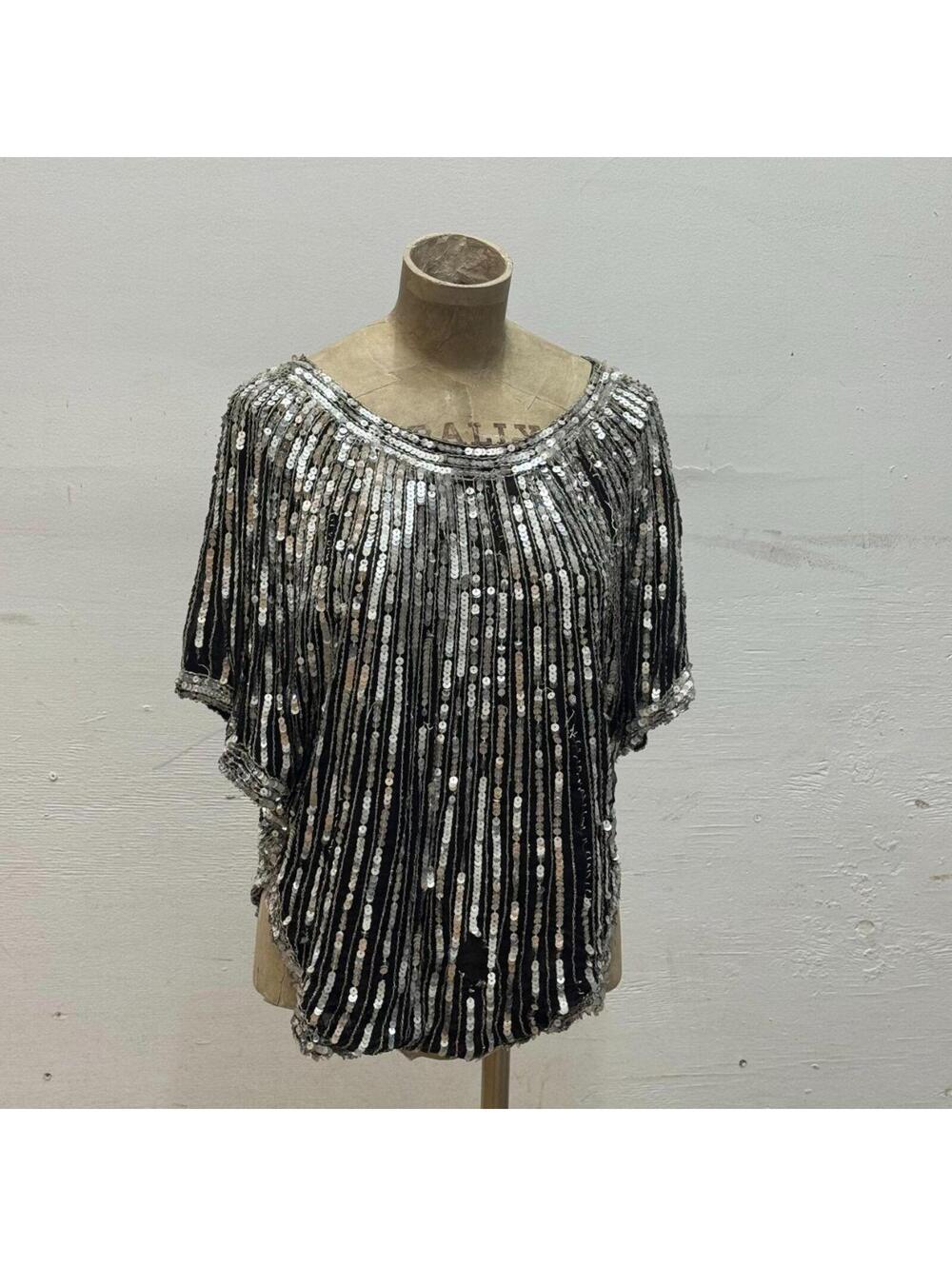 Vintage Broadway Costume 70s Silver Sequin Silk Batwing Top